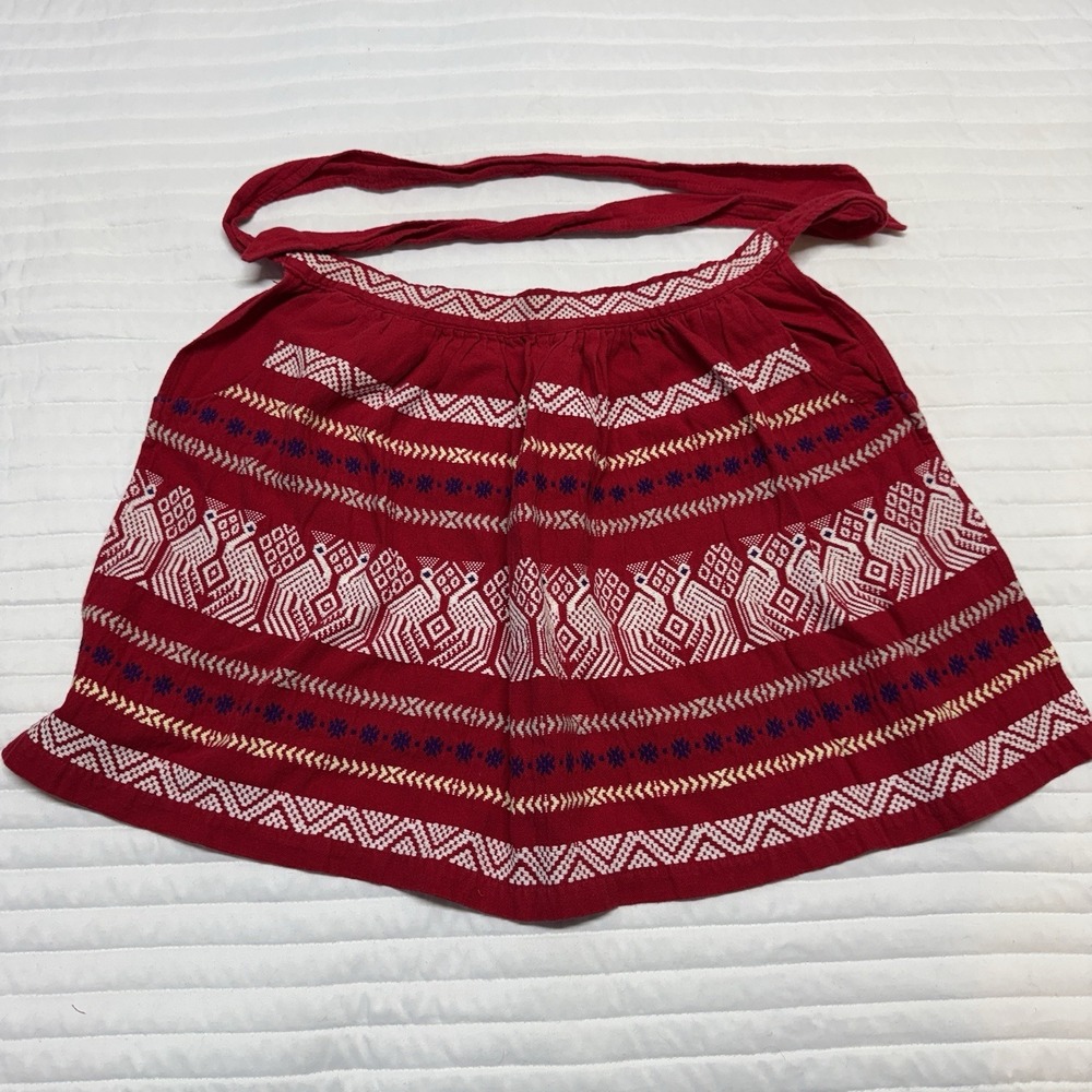 Short Chef Apron Embroidered Pockets Tie‎ Red With White Embroidery 17"
